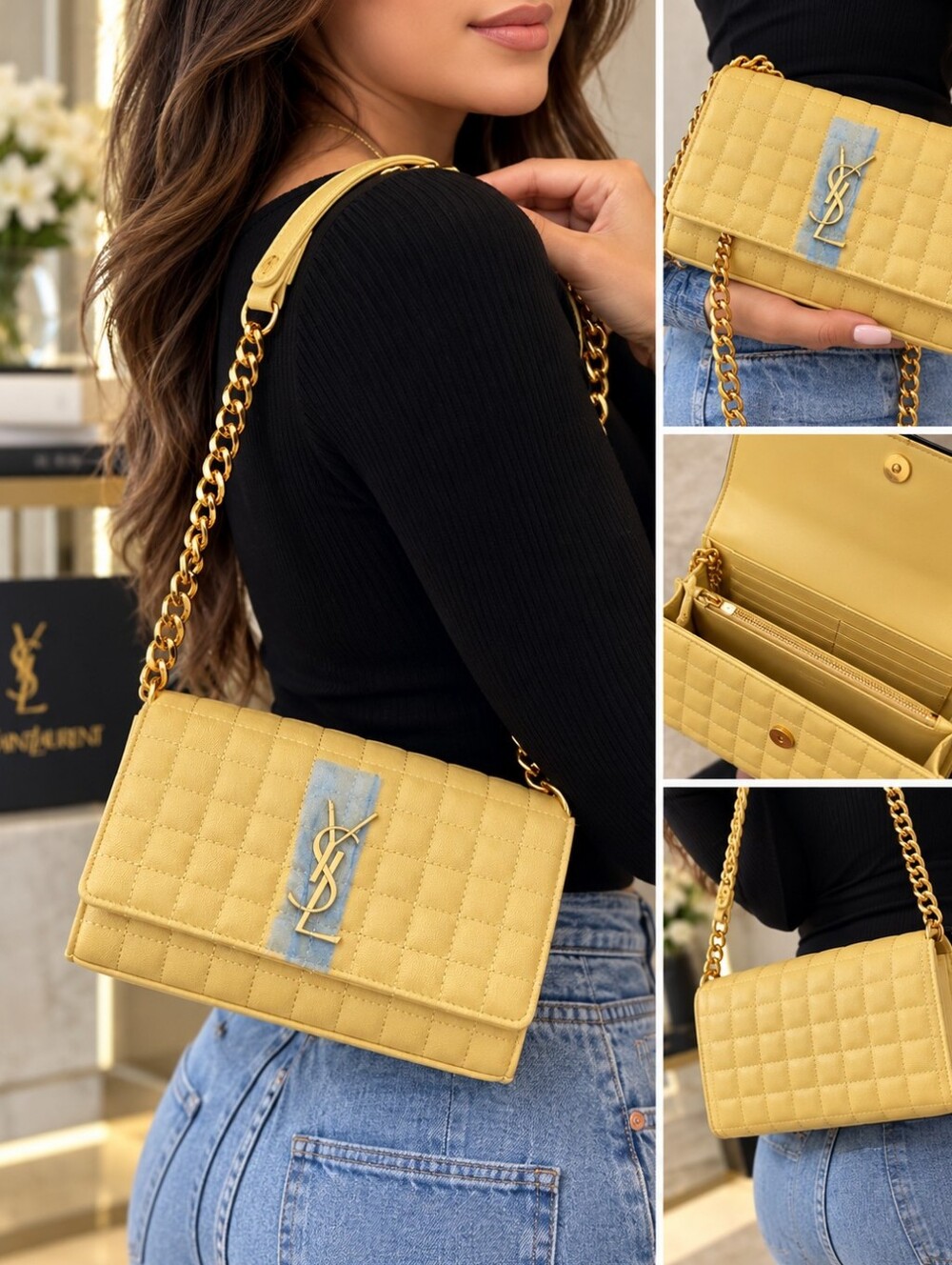 Yves Saint Laurent Quilted Shoulder Bag in Mustard Yellow with Gold Chain